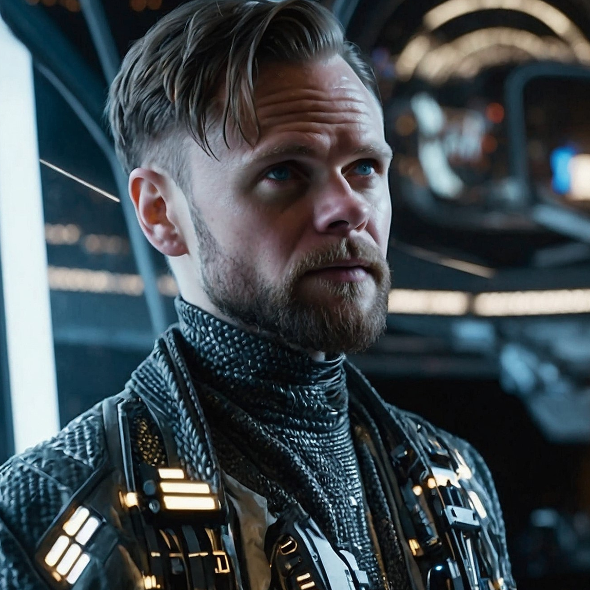 AI-genererad bild på Christoffer Nordström, rådgivare på Almi. Christoffer har kort, bakåtkammat hår och skägg. Han bär en futuristisk jacka med reflekterande detaljer och står i en modern, science fiction-liknande miljö.