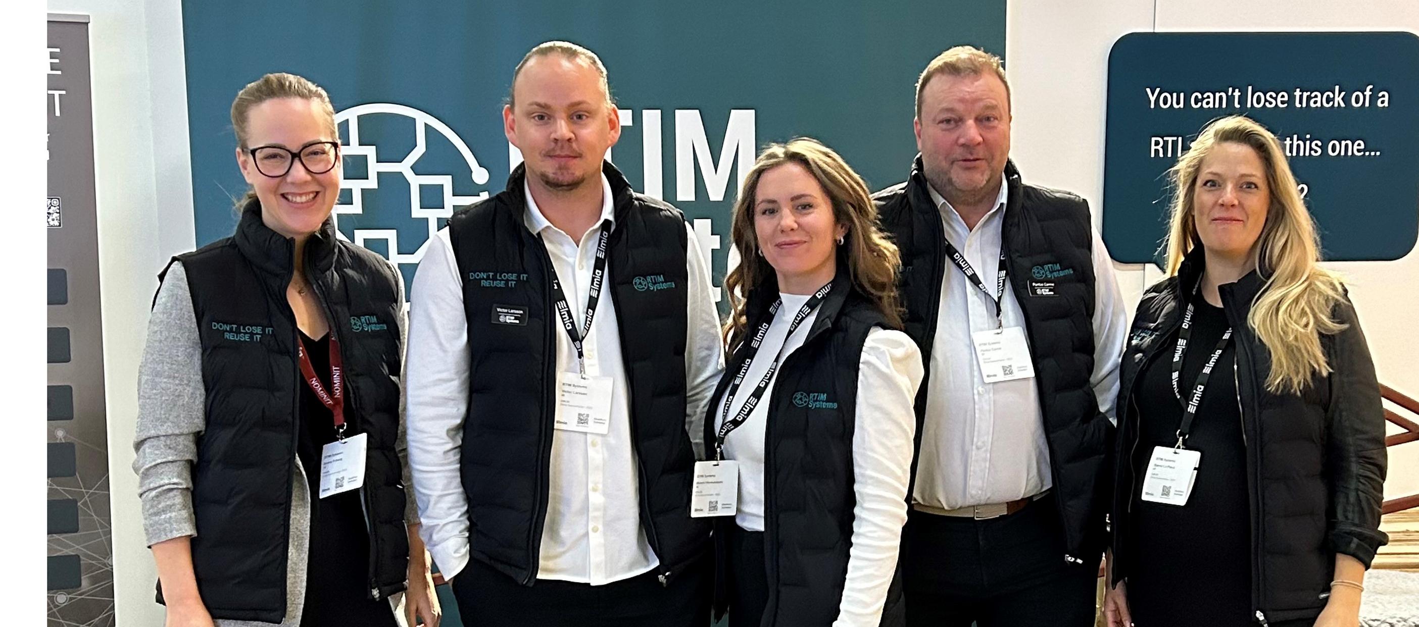 Team RTIM Systems på Elmia-mässan: Emma Friberg, Victor Larsson, säljchef, Mimmi Hermansson, operativ chef, Pontus Carme, VD, och Sanna La Placa.