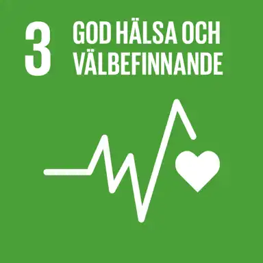 En grön ruta med vit text och en ikon, representerande FN:s globala mål nummer 3: "God hälsa och välbefinnande". Bilden visar en stiliserad hjärtfrekvenslinje med ett hjärta, symboliserande hälsa, sjukvård och välbefinnande för alla.