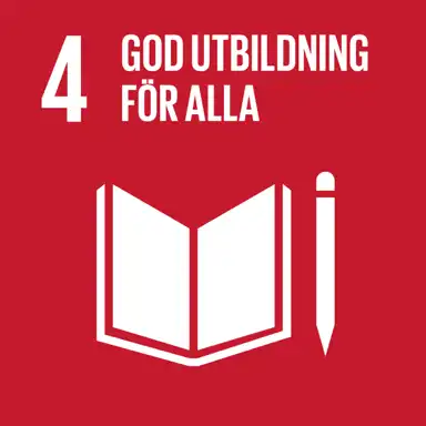 En röd ruta med vit text och en ikon, representerande FN:s globala mål nummer 4: "God utbildning för alla". Bilden visar en stiliserad öppen bok och en penna, symboliserande utbildning, kunskap och livslångt lärande för alla.