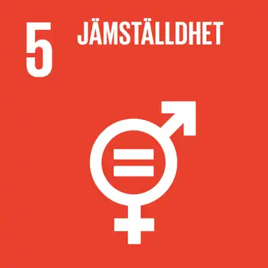 En röd ruta med vit text och en ikon, representerande FN:s globala mål nummer 5: "Jämställdhet". Bilden visar en kombinerad könssymbol med ett likhetstecken i mitten, symboliserande jämställdhet mellan könen och lika rättigheter för alla.