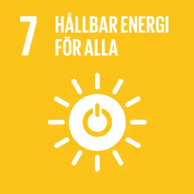 En gul ruta med vit text och en ikon, representerande FN:s globala mål nummer 7: "Hållbar energi för alla". Bilden visar en solformad symbol med en på/av-knapp i mitten, vilket symboliserar tillgång till ren och hållbar energi för en bättre framtid.