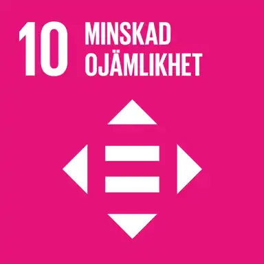 En rosa ruta med vit text och en ikon, representerande FN:s globala mål nummer 10: "Minskad ojämlikhet". Bilden visar ett likhetstecken omgivet av fyra pilar som pekar i olika riktningar, vilket symboliserar jämlikhet och rättvisa möjligheter för alla, oavsett bakgrund eller förutsättningar.