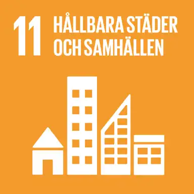 En orange ruta med vit text och en ikon, representerande FN:s globala mål nummer 11: "Hållbara städer och samhällen". Bilden visar stiliserade byggnader, inklusive bostadshus och höghus, vilket symboliserar hållbar urban utveckling, inkluderande städer och samhällen för framtiden.