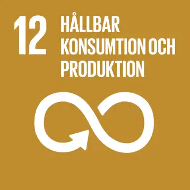 En gulbrun ruta med vit text och en ikon, representerande FN:s globala mål nummer 12: "Hållbar konsumtion och produktion". Bilden visar en stiliserad cirkulär symbol med en pil, vilket symboliserar cirkulär ekonomi, resurshantering och hållbara produktions- och konsumtionsmönster.