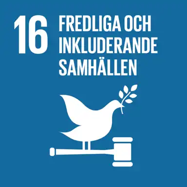 En blå ruta med vit text och en ikon, representerande FN:s globala mål nummer 16: "Fredliga och inkluderande samhällen". Bilden visar en duva med en olivkvist stående på en domarklubba, vilket symboliserar fred, rättvisa och starka institutioner för att skapa stabila och inkluderande samhällen.