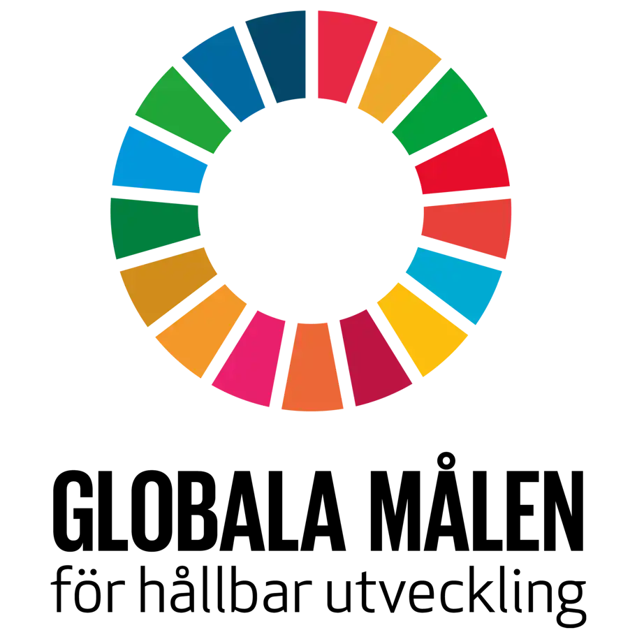 Bilden visar FN:s globala mål-symbol, en cirkel bestående av färgglada segment som representerar de 17 globala målen för hållbar utveckling. Under symbolen står texten "Globala målen för hållbar utveckling", vilket tydligt kommunicerar att bilden relaterar till de internationella insatserna för en hållbar framtid.