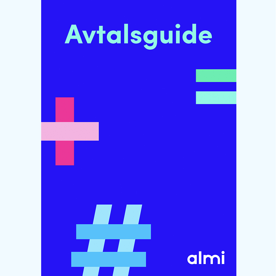 Omslag till Almis Avtalsguide. Bilden har blå bakgrund med grafiska symboler i olika färger och texten "Avtalsguide" i ljusblått. Guiden handlar om att förstå och skriva olika typer av avtal för företagare.