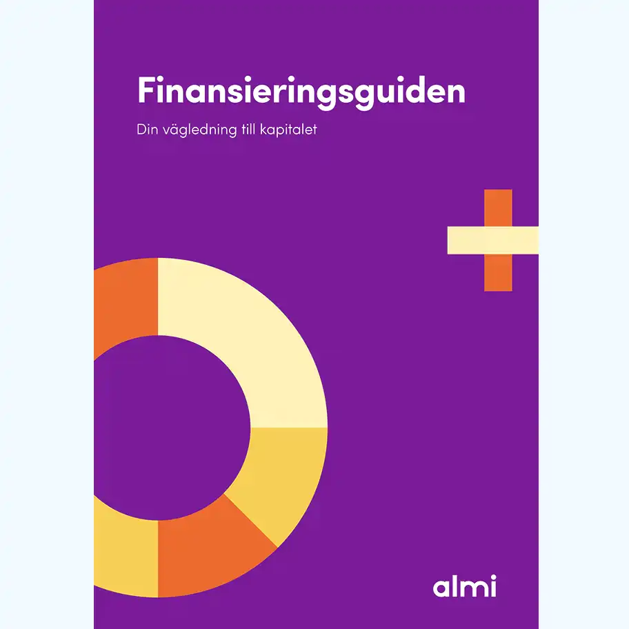 Omslag till Almis Finansieringsguide i lila, med grafiska former i orange, gult och beige. Texten på omslaget lyder "Finansieringsguiden – Din vägledning till kapitalet". Guiden handlar om hur finansiera företag med olika alternativ till traditionella lån.