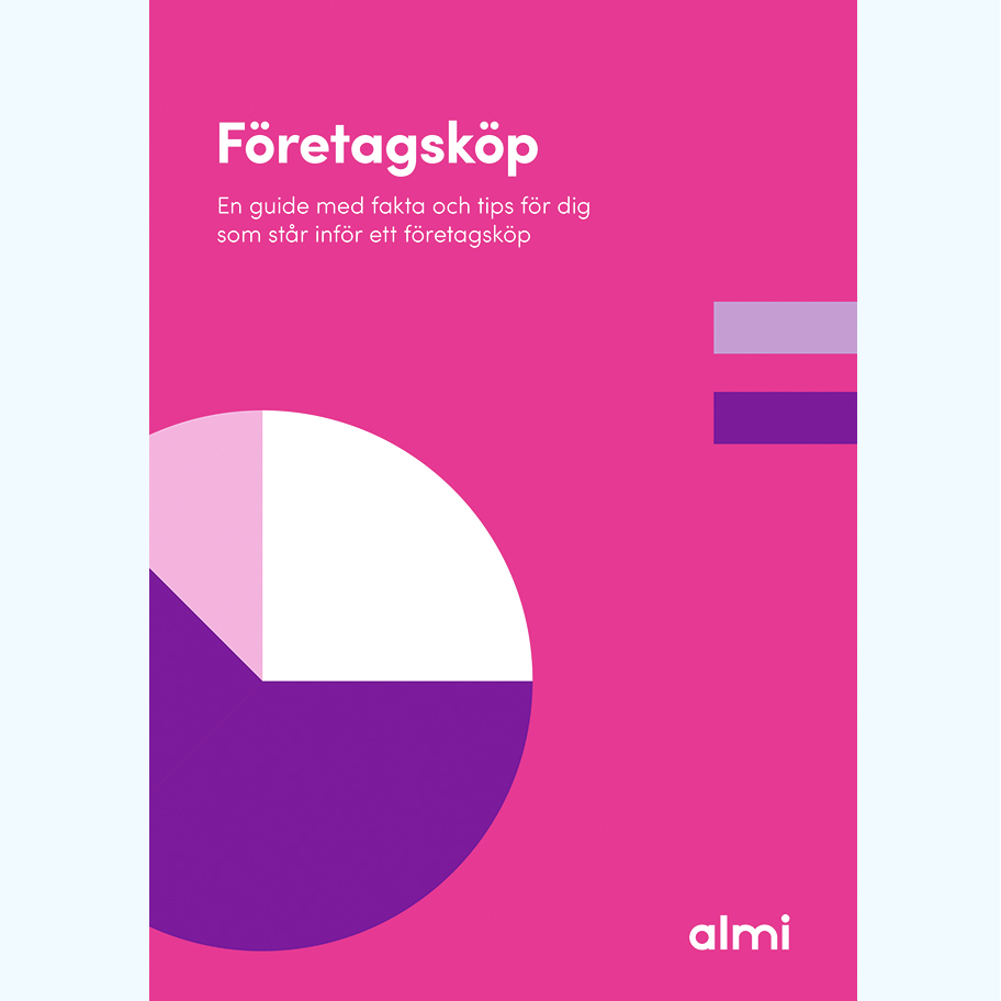 Omslag till Almis guide om företagsköp. Bilden har rosa bakgrund med grafiska cirkeldiagram i lila och vitt. Texten lyder "Företagsköp – En guide med fakta och tips för dig som står inför ett företagsköp". Guiden riktar sig till dig som vill köpa företag.