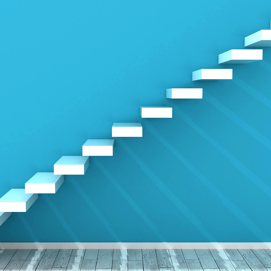 Illustration av vita trappsteg som leder uppåt mot ett mål, som symboliserar stegen i en affärsplan och hur företaget utvecklas steg för steg.