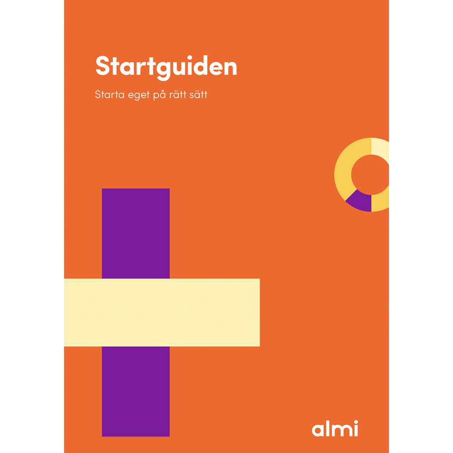 Omslag till Almis Startguide i orange, med geometriska former i lila, gult och vitt. Texten på omslaget lyder "Startguiden – Starta eget på rätt sätt". Guiden riktar sig till dig som vill starta eget företag och söker vägledning.
