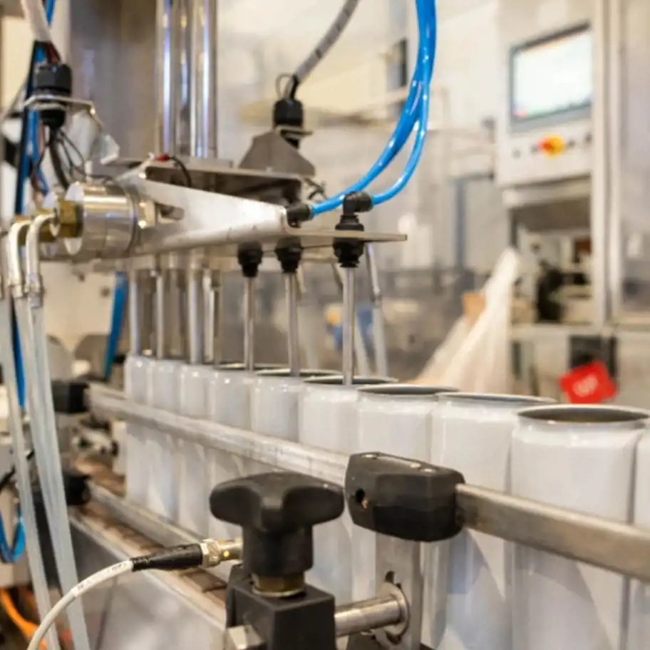 En automatiserad fyllningsmaskin fyller vita aluminiumburkar med dryck i en industriell produktionsmiljö. Maskinen har flera påfyllningsmunstycken anslutna till blå slangar. I bakgrunden syns en kontrollpanel med en skärm och annan produktionsutrustning.