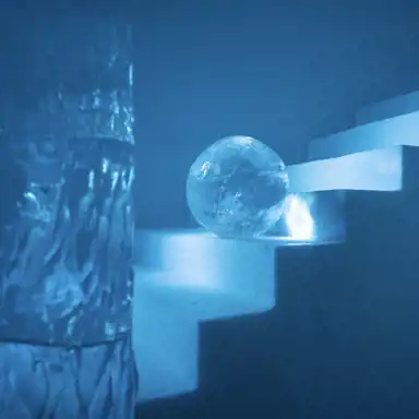 En konstnärlig iscensättning med en genomskinlig isboll balanserande på en isig trappa, belyst av ett mjukt blått sken. I förgrunden syns en texturerad ispelare, vars yta reflekterar ljuset och skapar ett skimrande mönster. Trappstegen är skarpa och tydliga, och den glasklara kulan ger en känsla av rörelse och balans i det frusna rummet.