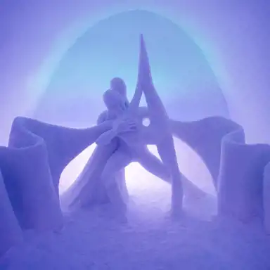 En vacker isskulptur föreställande två dansare i en elegant pose, omgivna av böljande isformationer. Ljuset från bakgrunden lyser upp i blå och lila nyanser, vilket förstärker den drömska och nästan övernaturliga känslan av skulpturen. Dansarnas kroppar smälter samman med den omgivande isen, vilket ger en illusion av rörelse trots materialets frusna natur.