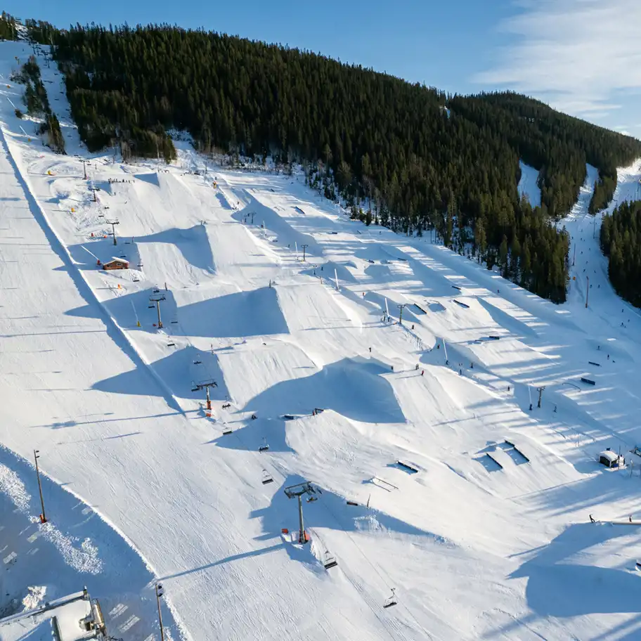 En stor snöpark i en skidbacke med olika hopp, rails och hinder för freestyleåkning. Skidliftar går uppför backen, och några personer syns åka i parken. I bakgrunden finns en tät granskog och en klar blå himmel. Solen lyser och skapar långa skuggor över snön.