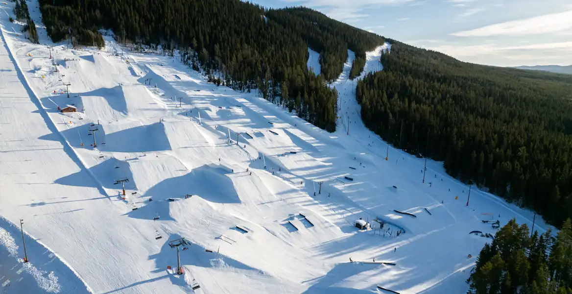 En stor snöpark i en skidbacke med olika hopp, rails och hinder för freestyleåkning. Skidliftar går uppför backen, och några personer syns åka i parken. I bakgrunden finns en tät granskog och en klar blå himmel. Solen lyser och skapar långa skuggor över snön.