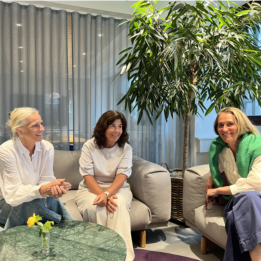 Bilden visar tre kvinnor som sitter i en avslappnad miljö, troligtvis ett kontor eller en lounge, där de verkar vara engagerade i ett samtal. Atmosfären känns varm och inbjudande, med en stor grön växt i bakgrunden och mjuka möbler som förstärker känslan av en modern och trivsam arbetsplats.  De ler och verkar ha en positiv diskussion, vilket kan tyda på en kreativ eller strategisk brainstorming. Deras avslappnade men professionella klädsel tyder på en arbetsmiljö som främjar samarbete och öppenhet. Det är en bild som förmedlar en känsla av gemenskap och engagemang.