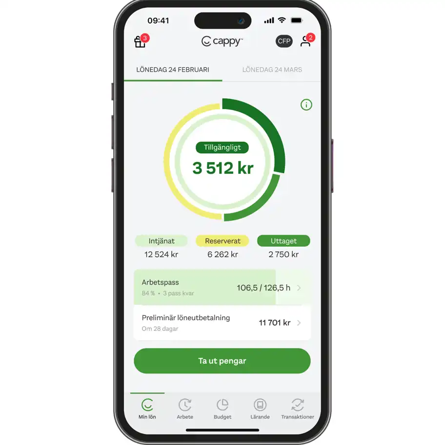 En smartphone visar en app vid namn "Cappy" med en översikt av en användares intjänade lön. På skärmen syns en cirkeldiagram där 3 512 kr är tillgängligt, 6 262 kr är reserverat och 2 750 kr har tagits ut. Det totala intjänade beloppet är 12 524 kr. En sektion visar att 106,5 av 126,5 timmar har arbetats och att en preliminär löneutbetalning på 11 701 kr sker om 28 dagar. En grön knapp med texten "Ta ut pengar" finns längst ner. Navigationsikoner för "Min lön", "Arbete", "Budget", "Lärande" och "Transaktioner" syns längst ner.