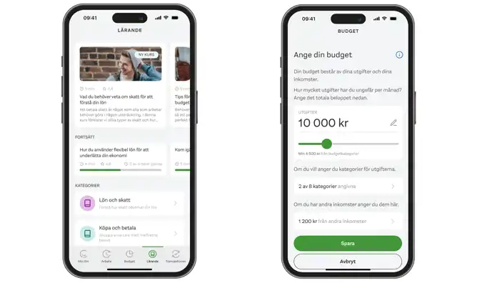 Två smartphones visar olika skärmar från appen "Cappy".  Den vänstra skärmen visar lärandefunktionen med kurser om ekonomi och lön. En kurs om skatt är markerad som "NY KURS", och en annan kurs om flexibel lön har en framstegsindikator som visar att 2 av 4 delar är genomförda. Kategorier för "Lön och skatt" samt "Köpa och betala" listas längst ner. Navigationsfältet längst ner har "Lärande" markerat.  Den högra skärmen visar budgetinställningar där användaren kan ange sina månatliga utgifter. Ett belopp på 10 000 kr är angivet, och en reglageindikator visar att minst 4 500 kr kommer från budgetkategorier. Det finns möjlighet att specificera utgiftskategorier och ange ytterligare inkomster, vilket i detta fall är 1 200 kr. Två knappar finns längst ner: en grön "Spara" och en vit "Avbryt".