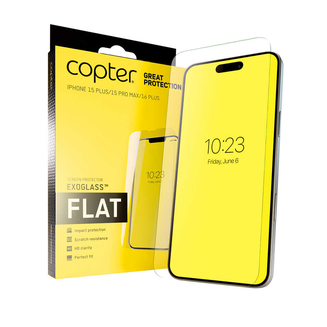 En förpackning för Copter ExoGlass™ Flat skärmskydd, designat för iPhone 15 Plus, 15 Pro Max och 16 Plus. Förpackningen är gul och svart med text som lyfter fram egenskaper som stöttålighet, reptålighet, HD-klarhet och perfekt passform. Framför förpackningen visas en smartphone med skärmskyddet applicerat, vilket ger en tydlig bild av produktens utseende och funktion.