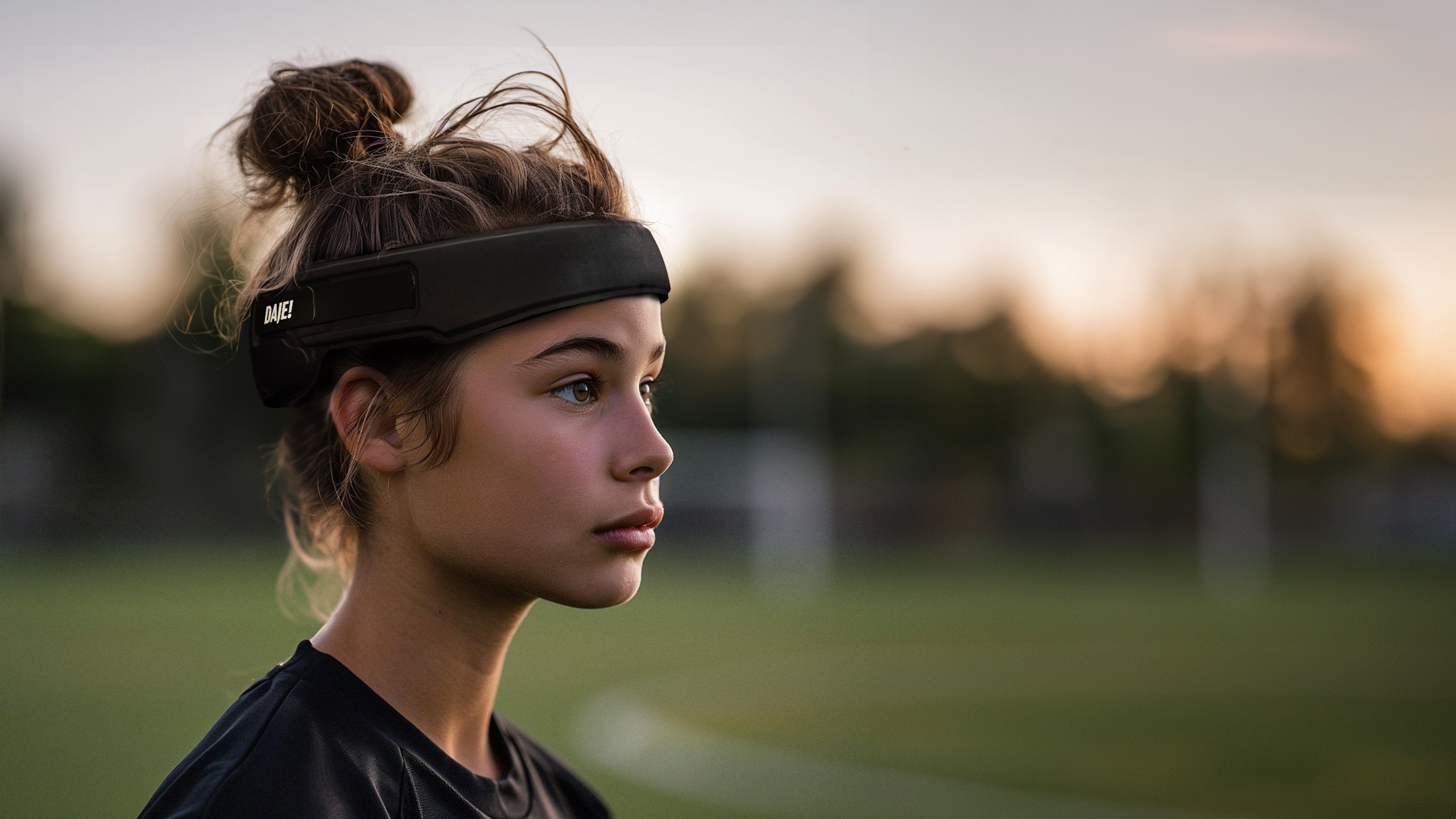 Ung fotbollsspelare bär DAJE Prevents huvudskydd på en fotbollsplan.