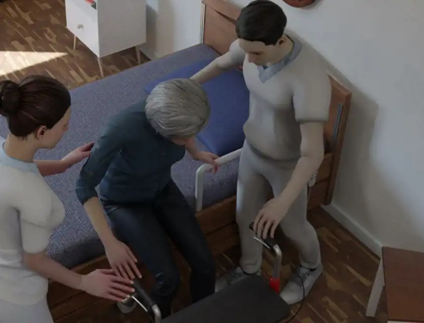 Bilden visar en digital illustration av två vårdpersonal som hjälper en äldre person att flytta sig från en säng till en rullstol.