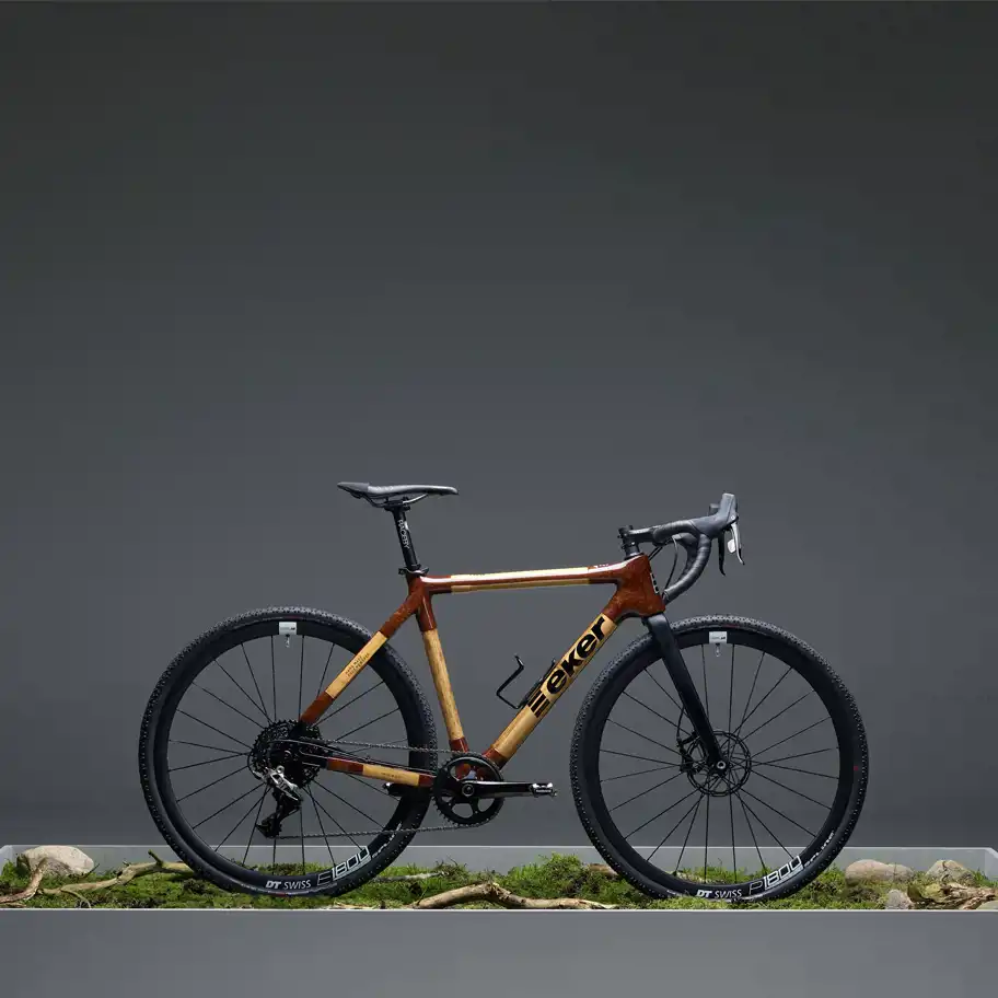 Cykel uppställd inomhus på en gräsmatta.