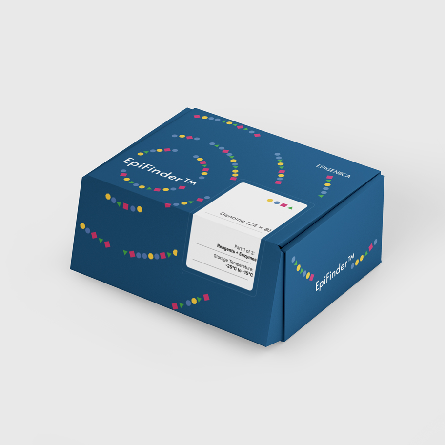 En blå kartongförpackning med texten "EpiFinder™" och "EPIGENICA" tryckt på den. Förpackningen har en design med färgglada geometriska former som bildar spiralformade mönster, inspirerade av DNA-strukturer. På framsidan finns en etikett som anger att produkten innehåller "Reagents + Enzymes" och att den ska förvaras vid en temperatur mellan -25°C och -15°C. Bakgrunden är ljus och neutral.