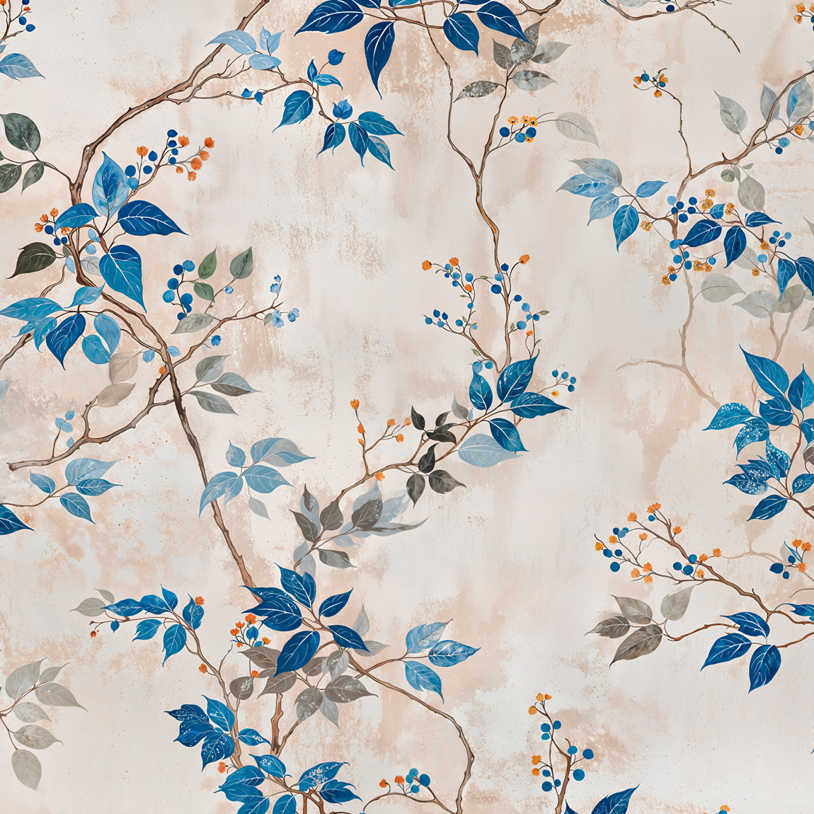 En tapet från Familjetapeter med målade grenar som slingrar sig över en ljus, beige bakgrund. Bladen går i blå och grå toner och små bär i blått och orange ger liv åt mönstret.