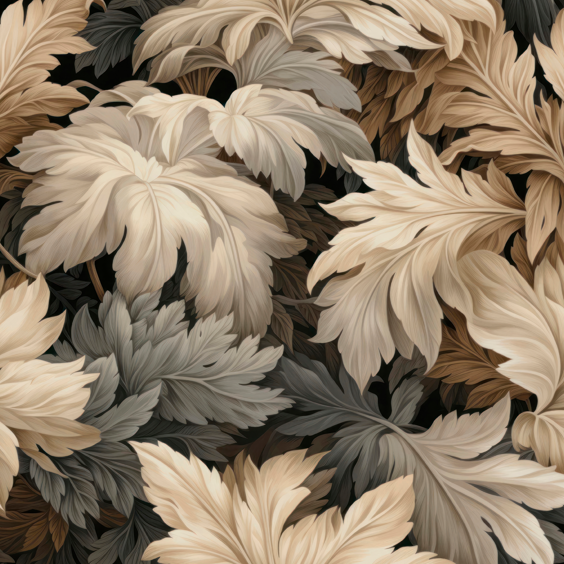 En tapet från Familjetapeter med stora, mjukt målade blad i beige, grå och bruna toner som överlappar varandra mot en mörk bakgrund.