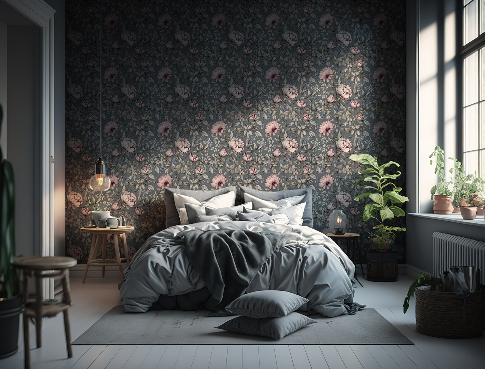 Ett stilfullt sovrum med mörk, blommig tapet från Familjetapeter som fondvägg. Sängen är bäddad med grå och vita textilier och omges av små sidobord med lampor. Ljus från ett stort fönster faller över rummet där flera gröna växter står samlade.