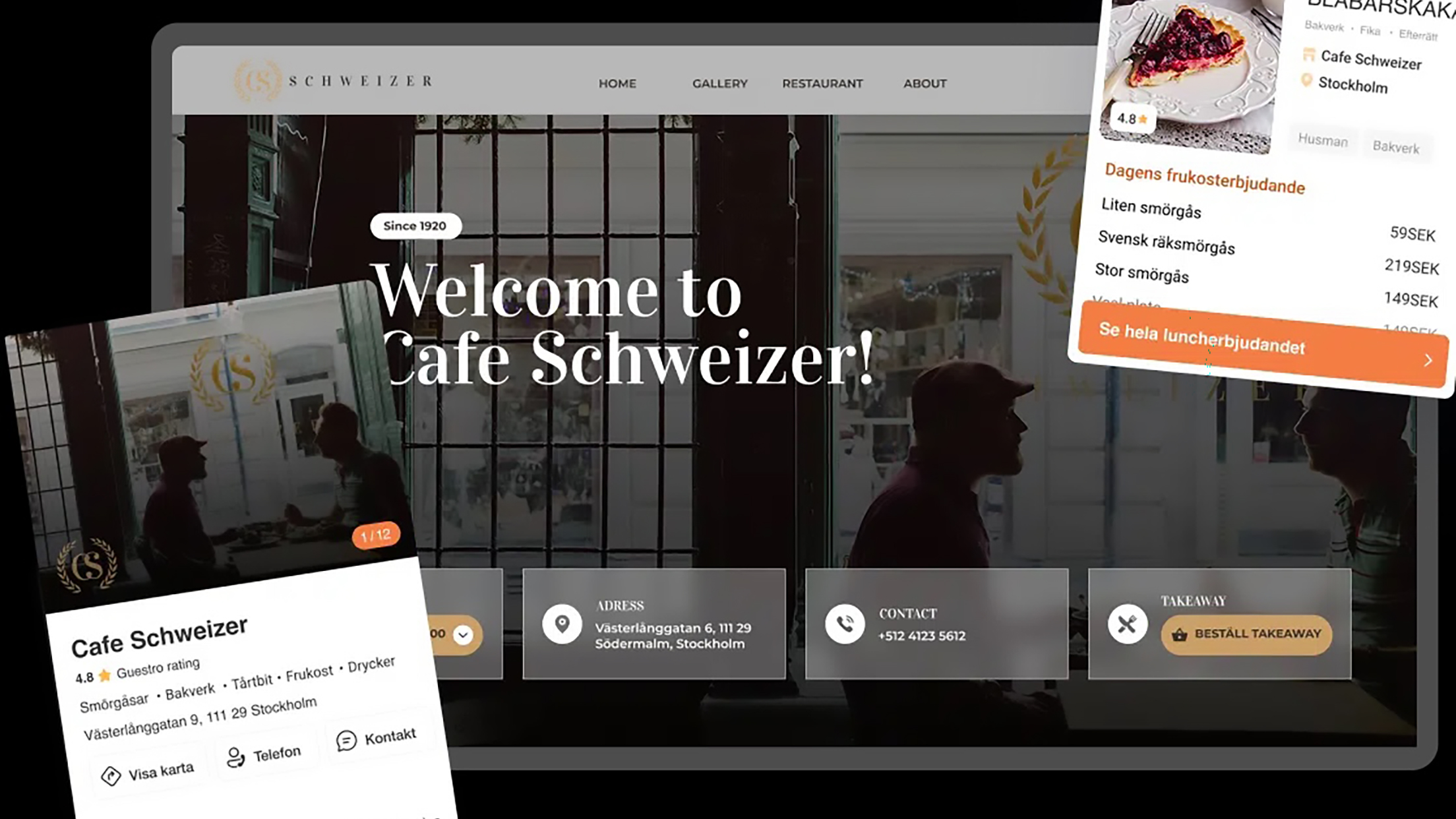Illustration som visar hur Guestro presenterar en restaurangs webbplats och meny digitalt, med information om Cafe Schweizer som betyg, adress och dagens erbjudanden.