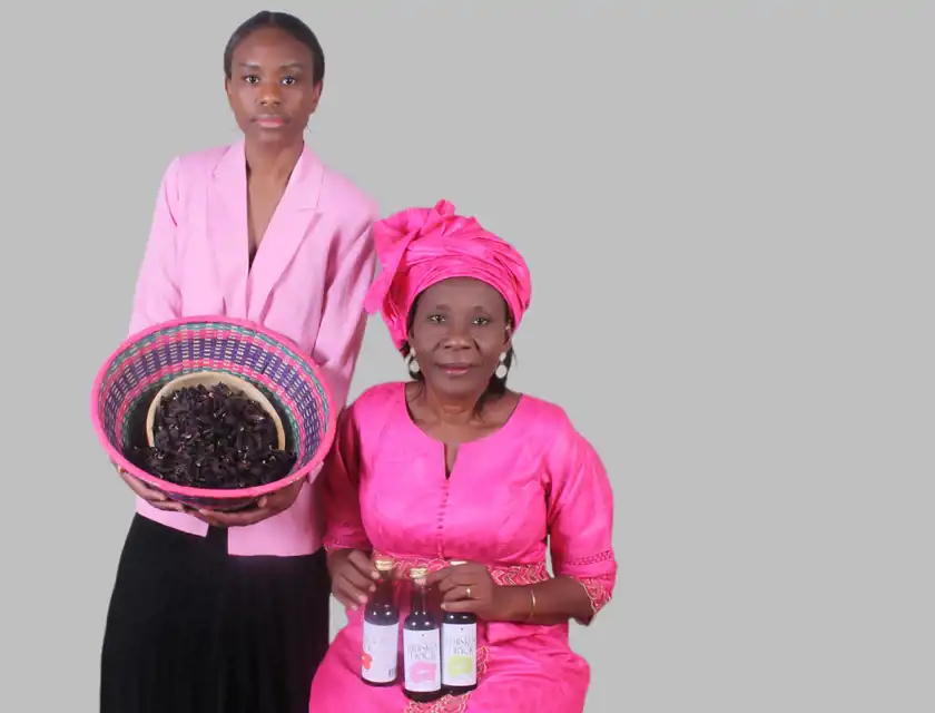 Två kvinnor klädda i rosa poserar mot en ljusgrå bakgrund. Den yngre kvinnan står och håller en färgglad korg fylld med torkade hibiskusblommor, medan den äldre kvinnan, klädd i en traditionell afrikansk klänning med matchande huvudduk, sitter och håller tre flaskor märkta "Hibiskus Dryck".
