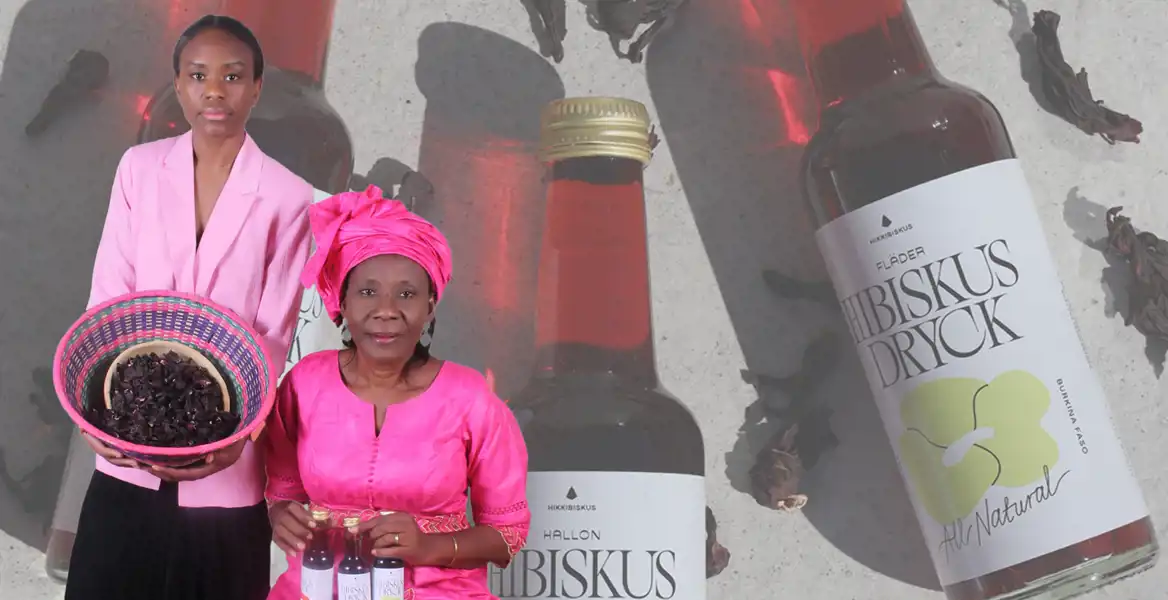 Två kvinnor klädda i rosa står framför en bakgrund med stora flaskor av Hibiskus Dryck och torkade hibiskusblommor. Den yngre kvinnan håller en färgglad korg fylld med torkade blommor, medan den äldre kvinnan, klädd i en traditionell afrikansk klänning med huvudduk, håller tre flaskor av drycken. Bilden har en montageeffekt där personerna ser ut att vara placerade ovanpå bakgrunden.
