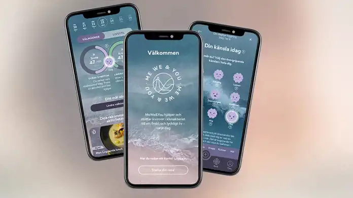 Tre iPhones som visar olika vyer av appen från MeWe&You