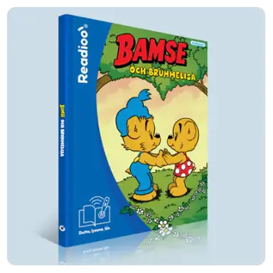 Bokomslag till Bamse och Brummelisa i Readioos interaktiva version. Bamse och Brummelisa håller varandra i tassarna på en blomsteräng.