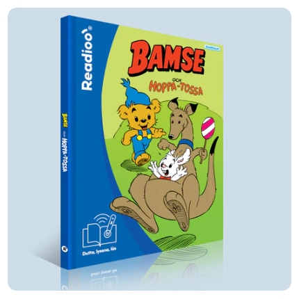Bokomslag till Bamse och Hoppa-Tossa i Readioos interaktiva version. Bamse springer bredvid en känguru med unge och en boll.