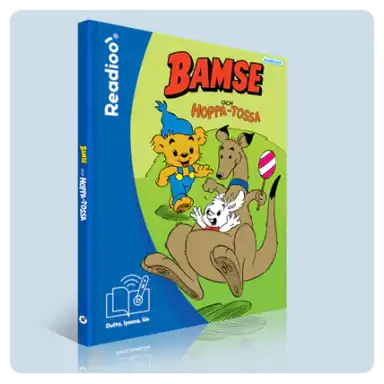 Bokomslag till Bamse och Hoppa-Tossa i Readioos interaktiva version. Bamse springer bredvid en känguru med unge och en boll.