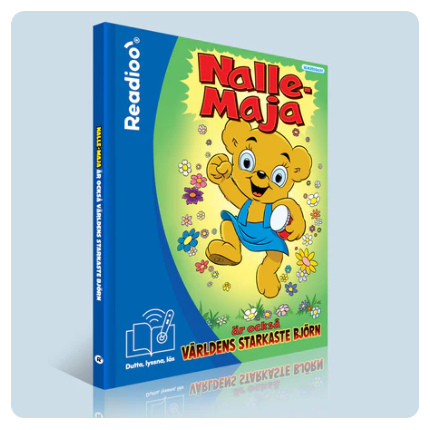 Bokomslag till Nalle-Maja är också världens starkaste björn i Readioos interaktiva version. Nalle-Maja springer glatt bland blommor med en honungsburk i handen.