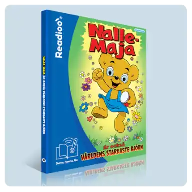 Bokomslag till Nalle-Maja är också världens starkaste björn i Readioos interaktiva version. Nalle-Maja springer glatt bland blommor med en honungsburk i handen.
