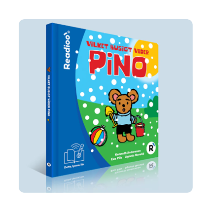 Bokomslag till Vilket busigt väder, Pino i Readioos interaktiva version. Pino står ute med hink och spade bland regndroppar och leksaker.