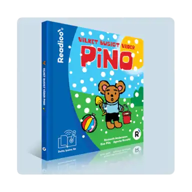 Bokomslag till Vilket busigt väder, Pino i Readioos interaktiva version. Pino står ute med hink och spade bland regndroppar och leksaker.