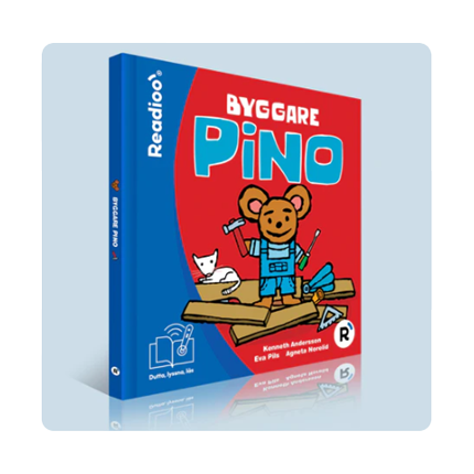 Bokomslag till Byggare Pino i Readioos interaktiva version. Pino står på en träbräda med verktyg i händerna och en katt bredvid sig.