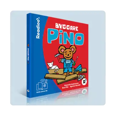 Bokomslag till Byggare Pino i Readioos interaktiva version. Pino står på en träbräda med verktyg i händerna och en katt bredvid sig.