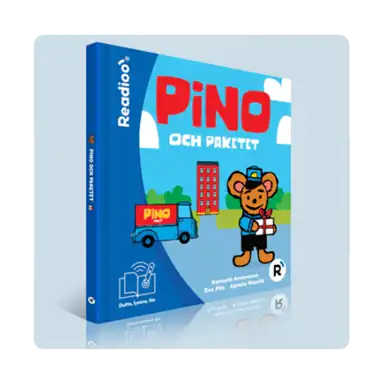 Bokomslag till Pino och paketet i Readioos interaktiva version. Pino är brevbärare och håller paket framför en lastbil och ett hus.
