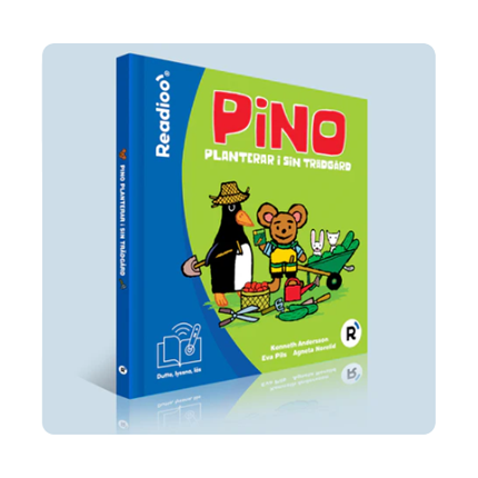 Bokomslag till Pino planterar i sin trädgård i Readioos interaktiva version. Pino planterar blommor tillsammans med en pingvin i trädgården.