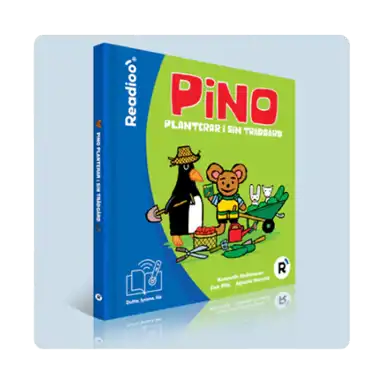 Bokomslag till Pino planterar i sin trädgård i Readioos interaktiva version. Pino planterar blommor tillsammans med en pingvin i trädgården.