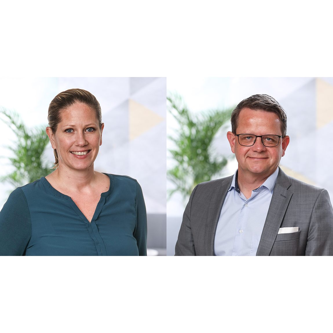 Två porträttbilder sida vid sida. Till vänster en kvinna med uppsatt hår, iförd en blågrön blus och ett vänligt leende. Till höger en man med glasögon, kortklippt hår, grå kostym och ljusblå skjorta, som också ler mot kameran. Båda står framför en ljus bakgrund med gröna växter.