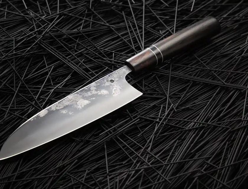 En handgjord kniv med träskaft ligger på ett underlag av svarta metallstavar. Knivens blad visar unika mönster från smidestekniken, vilket speglar kvaliteten i hantverket.